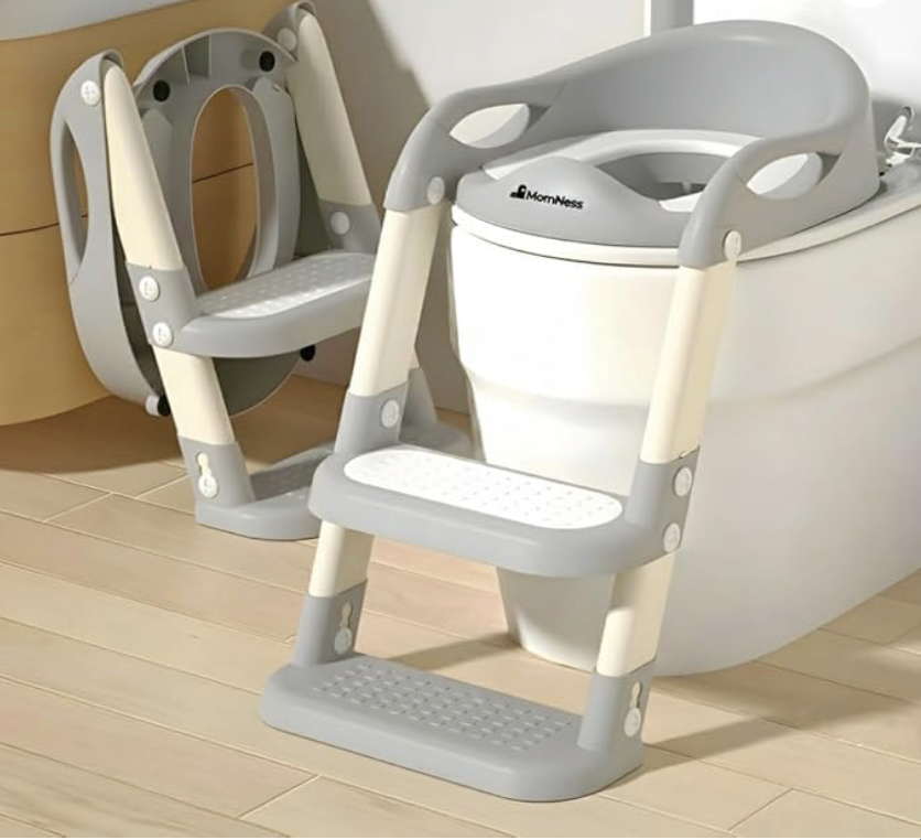 Foldable Potty Training Seat with Adjustable Step Ladder for Kids | Toilet Training Seat with Handles, Anti-Slip Base & Height Adjustment | Potty Seat for Boys & Girls Ages 1–8 Years (Grey)